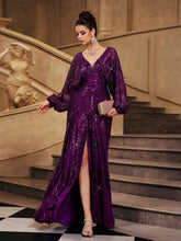 Purple Sequin Loose V-neck Prom Dress